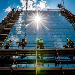Site teams working on a glass building facade